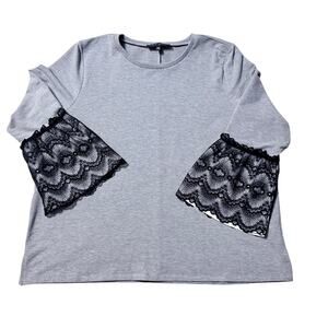 ELOQUII Gray Knit Top with Black Lace Bell Sleeves – Size 18/20